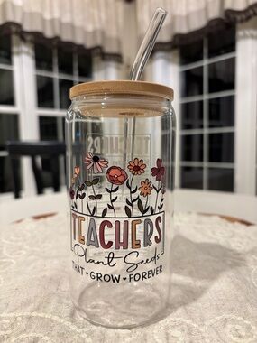 Teachers Plant Seeds Floral Glass Canister Tumbler with Glass Straw